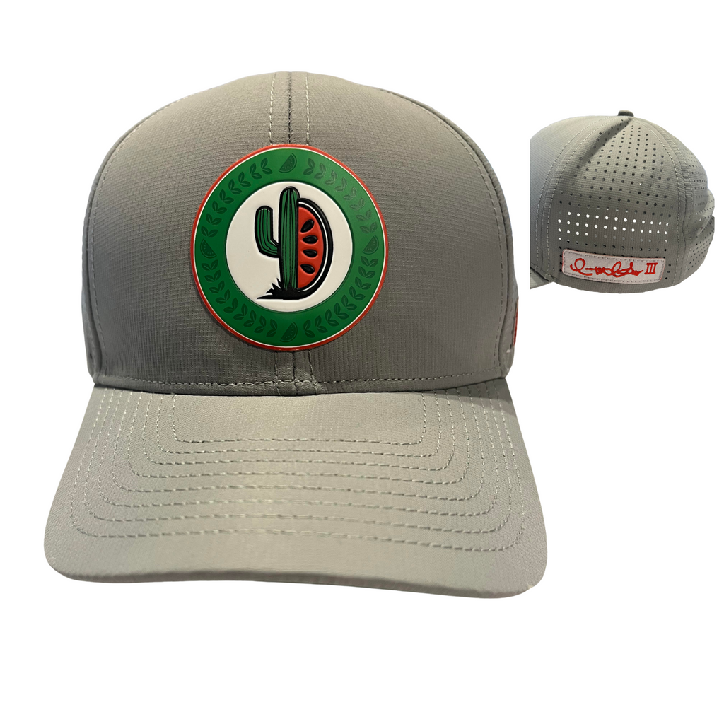 Custom golf hat perforated laser etched holes for ventilation, custom rubber patch, woven patch, snapback custom tape and woven label on the sweatband