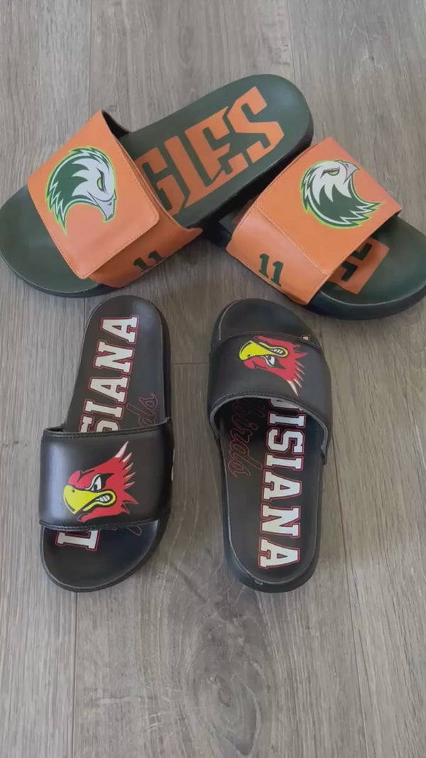 custom slide sandals personalized team or company logo with player name and number full color velcro or molded strap youth women and men sizes