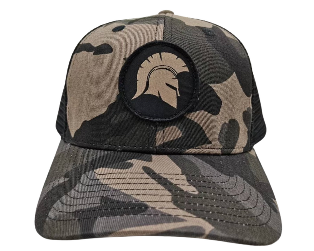 custom trucker hat camo design with woven patch mesh snapback